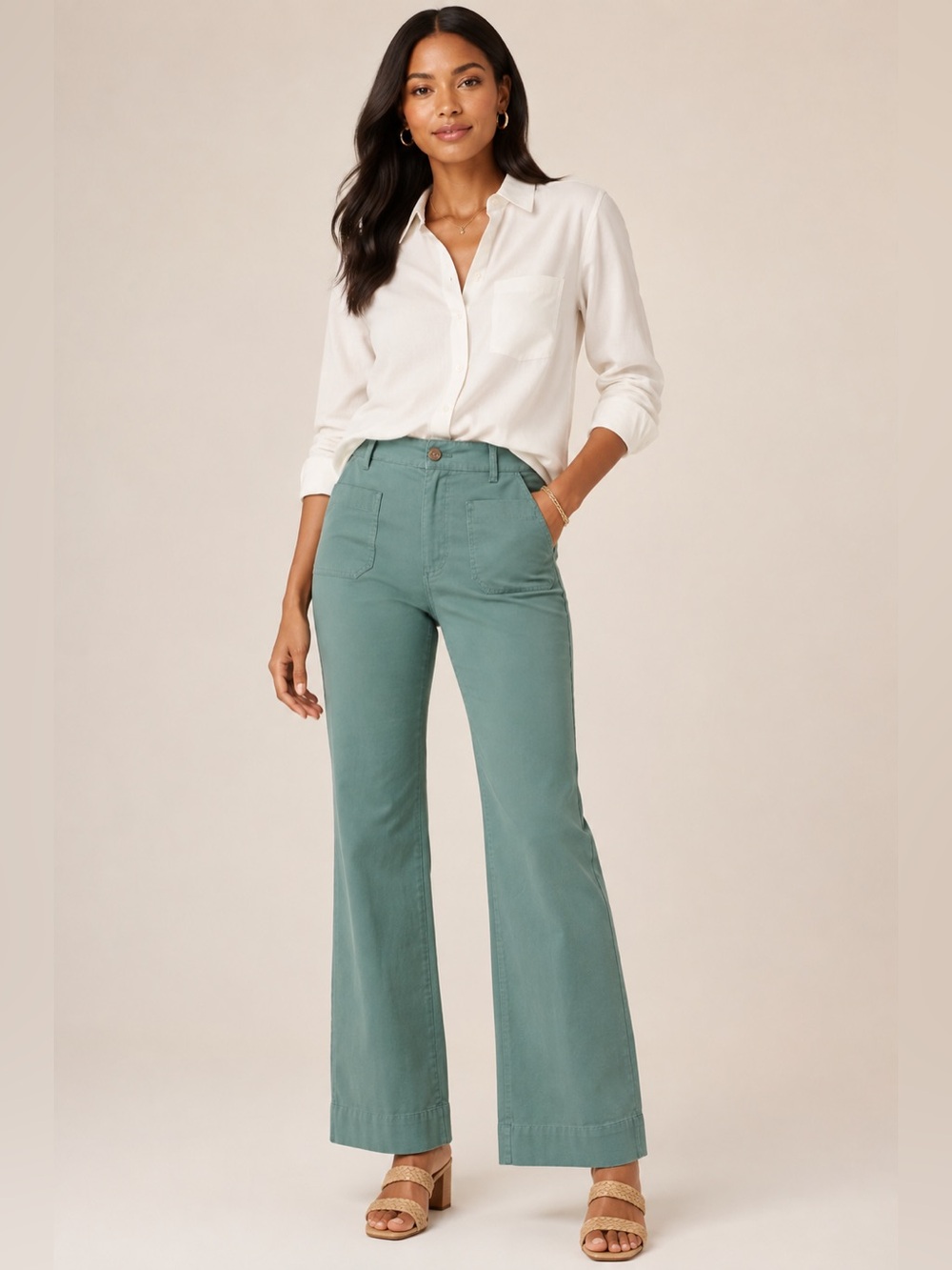 New! J. Crew Lizzie wide-leg pant in pale spinach.